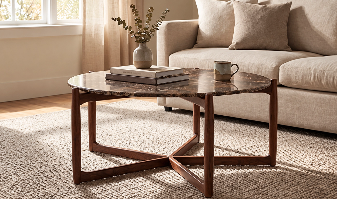 Round coffee table with marble-look top and walnut base beside a beige sofa